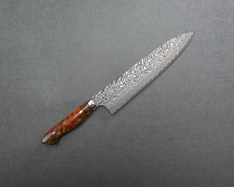 Yoshimi Kato R2/SG2 Black Damascus 240mm Gyuto with Polished Flowing Amber Acrylic Handle