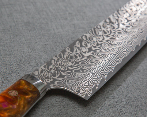 Yoshimi Kato R2/SG2 Black Damascus 240mm Gyuto with Polished Flowing Amber Acrylic Handle