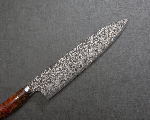 Yoshimi Kato R2/SG2 Black Damascus 240mm Gyuto with Polished Flowing Amber Acrylic Handle