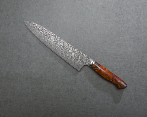 Yoshimi Kato R2/SG2 Black Damascus 240mm Gyuto with Polished Flowing Amber Acrylic Handle