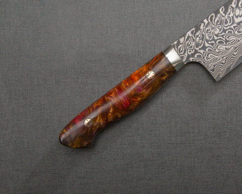 Yoshimi Kato R2/SG2 Black Damascus 240mm Gyuto with Polished Flowing Amber Acrylic Handle
