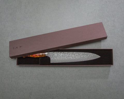 Yoshimi Kato R2/SG2 Black Damascus 240mm Gyuto with Polished Flowing Amber Acrylic Handle