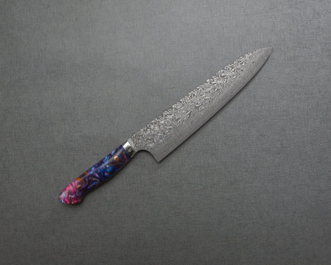 Yoshimi Kato R2/SG2 Black Damascus 240mm Gyuto with Polished Flowing Indigo and Magenta Acrylic Handle