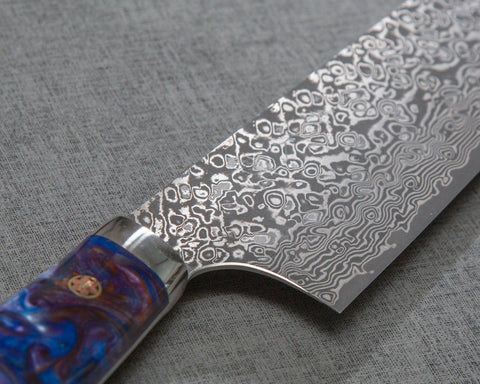 Yoshimi Kato R2/SG2 Black Damascus 240mm Gyuto with Polished Flowing Indigo and Magenta Acrylic Handle