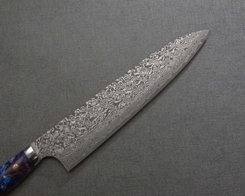 Yoshimi Kato R2/SG2 Black Damascus 240mm Gyuto with Polished Flowing Indigo and Magenta Acrylic Handle