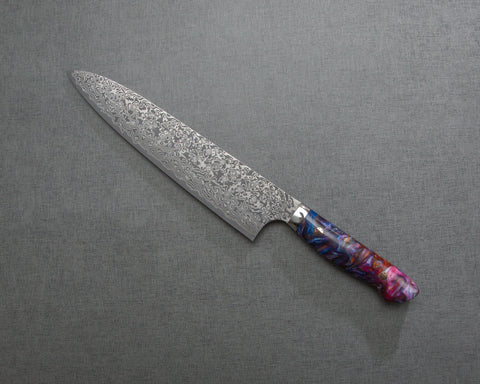 Yoshimi Kato R2/SG2 Black Damascus 240mm Gyuto with Polished Flowing Indigo and Magenta Acrylic Handle