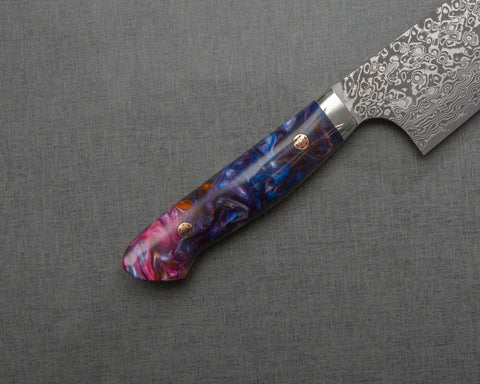 Yoshimi Kato R2/SG2 Black Damascus 240mm Gyuto with Polished Flowing Indigo and Magenta Acrylic Handle