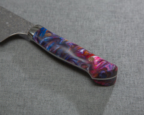 Yoshimi Kato R2/SG2 Black Damascus 240mm Gyuto with Polished Flowing Indigo and Magenta Acrylic Handle