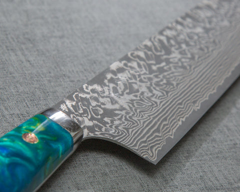Yoshimi Kato R2/SG2 Black Damascus 240mm Gyuto with Polished Aquamarine Acrylic Handle