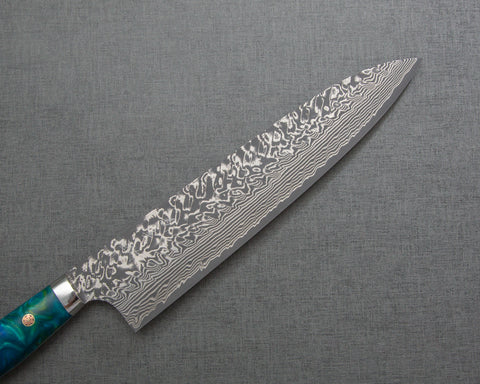 Yoshimi Kato R2/SG2 Black Damascus 240mm Gyuto with Polished Aquamarine Acrylic Handle