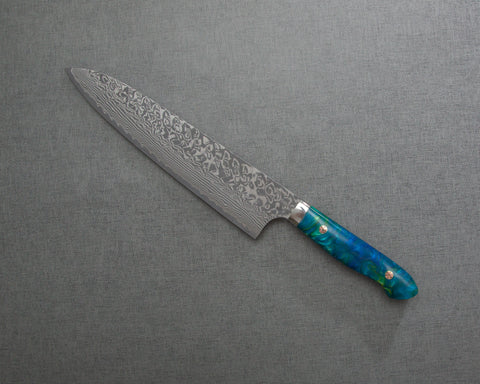 Yoshimi Kato R2/SG2 Black Damascus 240mm Gyuto with Polished Aquamarine Acrylic Handle