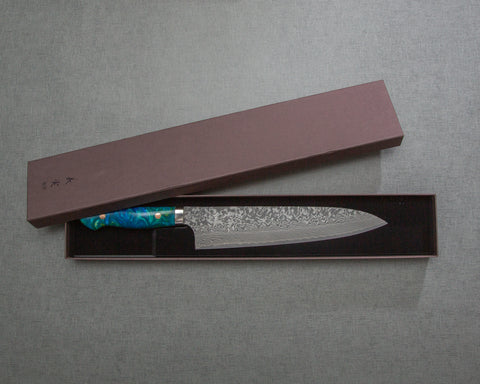 Yoshimi Kato R2/SG2 Black Damascus 240mm Gyuto with Polished Aquamarine Acrylic Handle