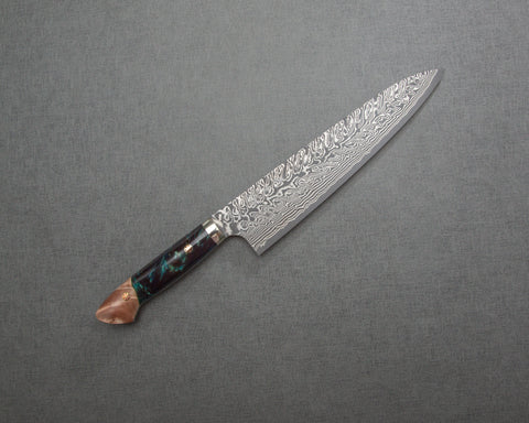 Yoshimi Kato R2/SG2 Black Damascus 240mm Gyuto with Stabilized Wood / Polished Azurite Malachite Acrylic Handle