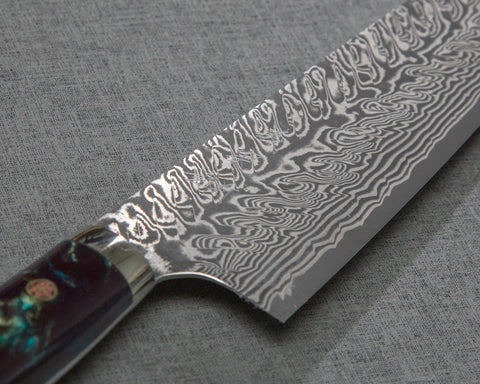 Yoshimi Kato R2/SG2 Black Damascus 240mm Gyuto with Stabilized Wood / Polished Azurite Malachite Acrylic Handle