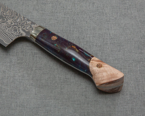 Yoshimi Kato R2/SG2 Black Damascus 240mm Gyuto with Stabilized Wood / Polished Azurite Malachite Acrylic Handle