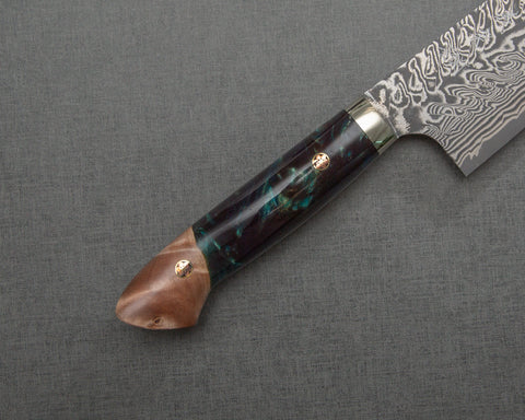 Yoshimi Kato R2/SG2 Black Damascus 240mm Gyuto with Stabilized Wood / Polished Azurite Malachite Acrylic Handle