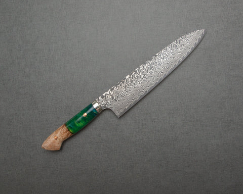 Yoshimi Kato R2/SG2 Black Damascus 240mm Gyuto with Stabilized Wood / Polished Emerald Acrylic Handle