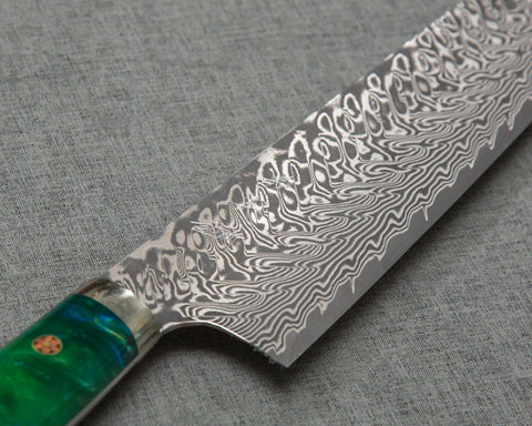 Yoshimi Kato R2/SG2 Black Damascus 240mm Gyuto with Stabilized Wood / Polished Emerald Acrylic Handle