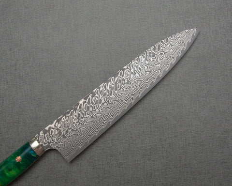 Yoshimi Kato R2/SG2 Black Damascus 240mm Gyuto with Stabilized Wood / Polished Emerald Acrylic Handle