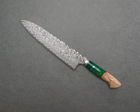 Yoshimi Kato R2/SG2 Black Damascus 240mm Gyuto with Stabilized Wood / Polished Emerald Acrylic Handle
