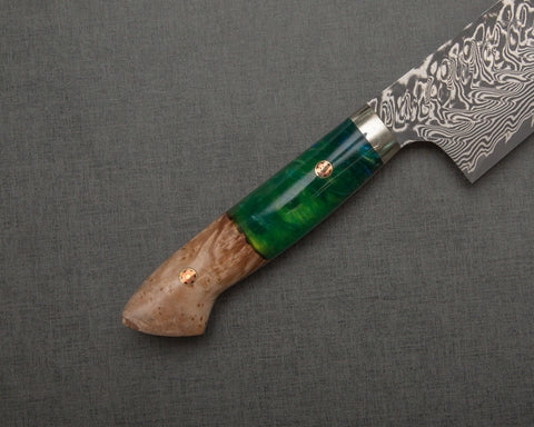 Yoshimi Kato R2/SG2 Black Damascus 240mm Gyuto with Stabilized Wood / Polished Emerald Acrylic Handle
