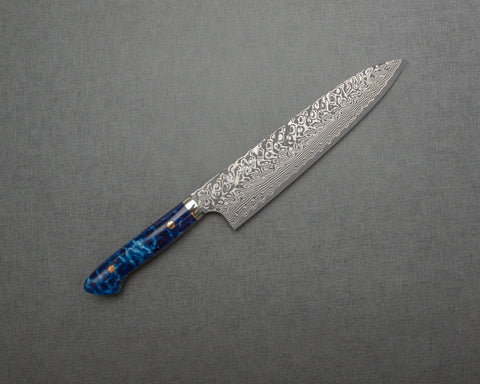 Yoshimi Kato R2/SG2 Black Damascus 240mm Gyuto with Polished Ocean Blue Acrylic Handle