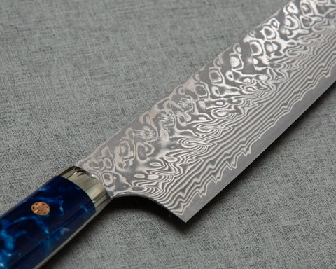 Yoshimi Kato R2/SG2 Black Damascus 240mm Gyuto with Polished Ocean Blue Acrylic Handle
