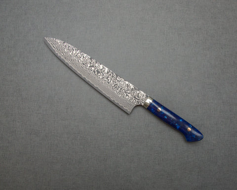 Yoshimi Kato R2/SG2 Black Damascus 240mm Gyuto with Polished Ocean Blue Acrylic Handle