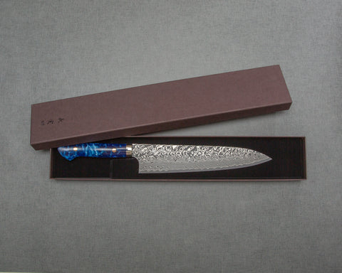 Yoshimi Kato R2/SG2 Black Damascus 240mm Gyuto with Polished Ocean Blue Acrylic Handle