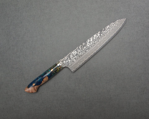 Yoshimi Kato R2/SG2 Black Damascus 240mm Gyuto with Stabilized Wood / Polished Shattuckite Acrylic Handle