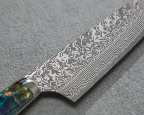 Yoshimi Kato R2/SG2 Black Damascus 240mm Gyuto with Stabilized Wood / Polished Shattuckite Acrylic Handle