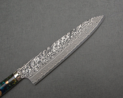 Yoshimi Kato R2/SG2 Black Damascus 240mm Gyuto with Stabilized Wood / Polished Shattuckite Acrylic Handle