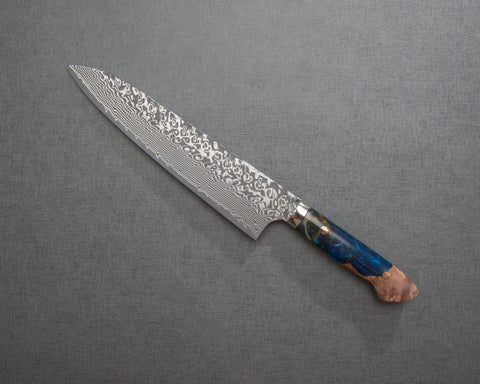 Yoshimi Kato R2/SG2 Black Damascus 240mm Gyuto with Stabilized Wood / Polished Shattuckite Acrylic Handle