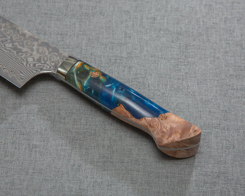Yoshimi Kato R2/SG2 Black Damascus 240mm Gyuto with Stabilized Wood / Polished Shattuckite Acrylic Handle
