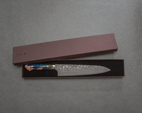 Yoshimi Kato R2/SG2 Black Damascus 240mm Gyuto with Stabilized Wood / Polished Shattuckite Acrylic Handle