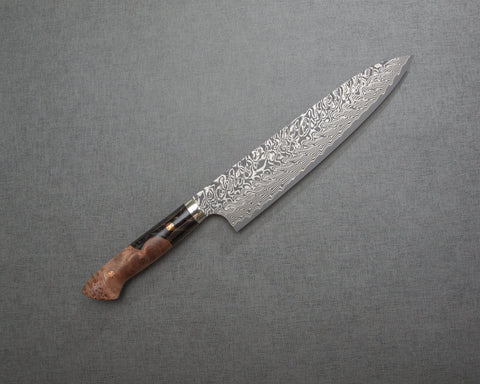 Yoshimi Kato R2/SG2 Black Damascus 240mm Gyuto with Stabilized Wood / Polished Tigereye Acrylic Handle