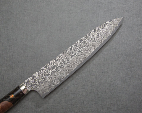 Yoshimi Kato R2/SG2 Black Damascus 240mm Gyuto with Stabilized Wood / Polished Tigereye Acrylic Handle