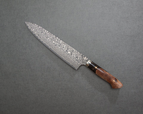 Yoshimi Kato R2/SG2 Black Damascus 240mm Gyuto with Stabilized Wood / Polished Tigereye Acrylic Handle