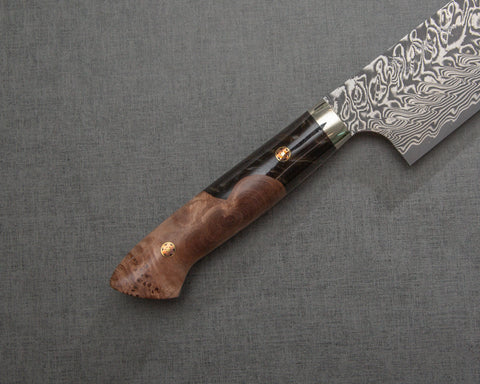 Yoshimi Kato R2/SG2 Black Damascus 240mm Gyuto with Stabilized Wood / Polished Tigereye Acrylic Handle