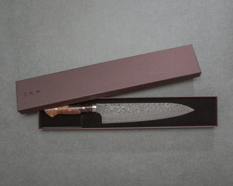 Yoshimi Kato R2/SG2 Black Damascus 240mm Gyuto with Stabilized Wood / Polished Tigereye Acrylic Handle