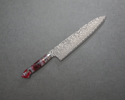 Yoshimi Kato R2/SG2 Black Damascus 240mm Gyuto with Polished Rhodonite Acrylic Handle