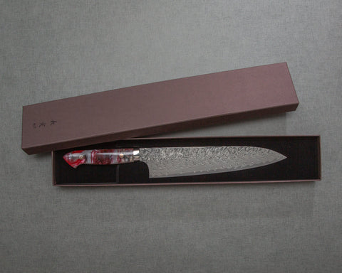 Yoshimi Kato R2/SG2 Black Damascus 240mm Gyuto with Polished Rhodonite Acrylic Handle