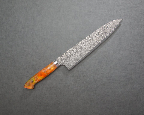 Yoshimi Kato R2/SG2 Black Damascus 240mm Gyuto with Polished Onyx Amber Acrylic Handle