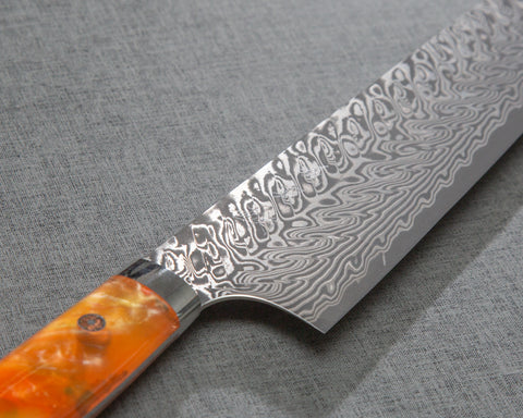 Yoshimi Kato R2/SG2 Black Damascus 240mm Gyuto with Polished Onyx Amber Acrylic Handle