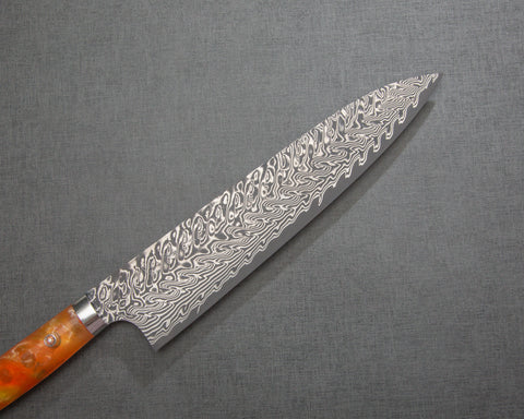 Yoshimi Kato R2/SG2 Black Damascus 240mm Gyuto with Polished Onyx Amber Acrylic Handle