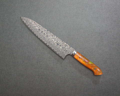Yoshimi Kato R2/SG2 Black Damascus 240mm Gyuto with Polished Onyx Amber Acrylic Handle