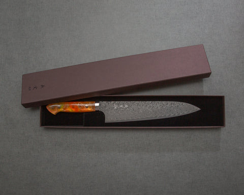 Yoshimi Kato R2/SG2 Black Damascus 240mm Gyuto with Polished Onyx Amber Acrylic Handle