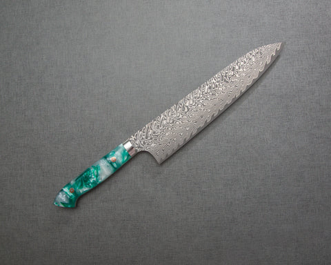 Yoshimi Kato R2/SG2 Black Damascus 240mm Gyuto with Polished Jade Acrylic Handle