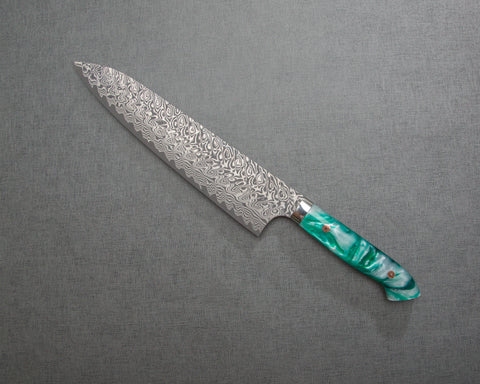 Yoshimi Kato R2/SG2 Black Damascus 240mm Gyuto with Polished Jade Acrylic Handle