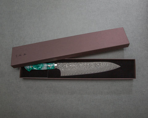 Yoshimi Kato R2/SG2 Black Damascus 240mm Gyuto with Polished Jade Acrylic Handle